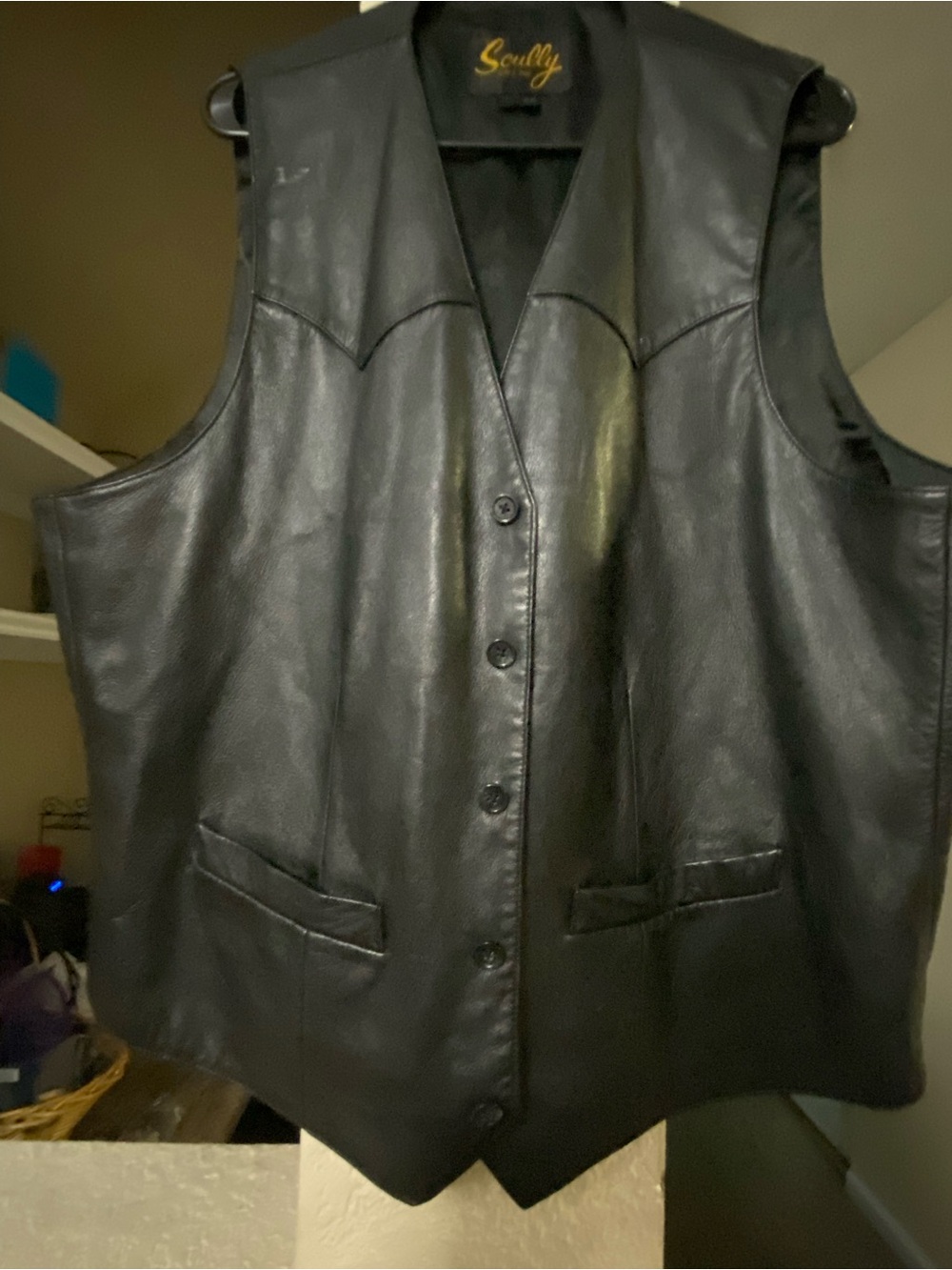 Scully Black Leather Vest with Gold Logo